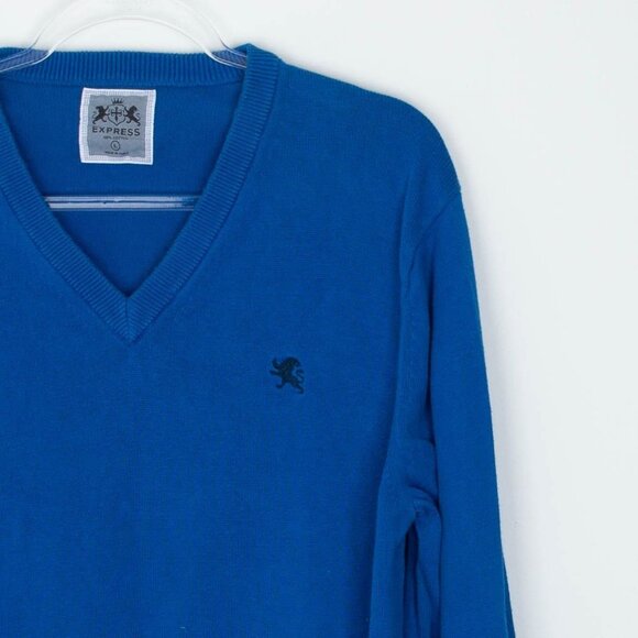 Vintage Express Mens V Neck Cotton Sweater Size L Blue Logo Preppy‎ Academia Y2K - Picture 2 of 9